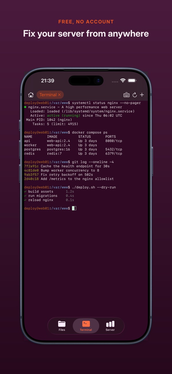 WriteAccess on iPhone: an SSH terminal showing nginx status, Docker containers and a deploy script